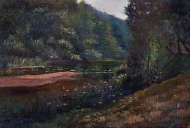 Krajina s lesem, rybníkem a lekníny