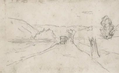 silnice s nákladními auty a výbuchy na poli, cca 1914-18 (kresba)