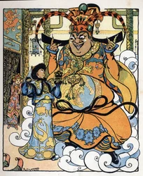 Aladin, princezna Badroulboudour a džin před tělem afrického kouzelníka: ilustrace k pohádce "Aladin aneb zázračná lampa" v "Arabských nocích".