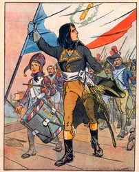 První italské tažení: Napoleon Bonaparte (1769-1821) v bitvě na mostě u Arcole, listopad 1796" převzato z "Nos-Gloires-Nationales" kolem roku 1920 (rytina)