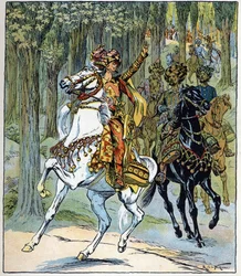 Zloději na koních: ilustrace k pohádce "Aladin aneb zázračná lampa" v "Arabských nocích".