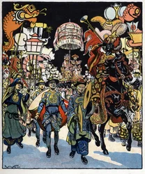 Svatba Aladina a princezny: ilustrace k pohádce "Aladin aneb zázračná lampa" v "Arabských nocích".