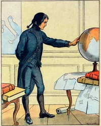 Napoleon Bonaparte (1769-1821), prohlíží si glóbus ve škole v Brienne ve věku 19 let, převzato z "Nos-Gloires Nationales" kolem roku 1920 (rytina)