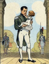 Portrét císaře Napoleona I. (1769-1821) se synem Aiglonem (1811-1832) (římský král Napoleon II., říšský vévoda) (francouzský císař Napoleon I. se synem Napoleonem II.) Ilustrace Raymonda de Neziere v "Our-Glories-Nationales" 1920 DR Pri