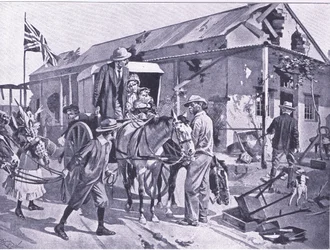 Co znamená evakuace pro loajální kolonisty, ilustrace z knihy "After Pretoria: The Guerilla War".