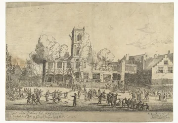Požár staré radnice v Amsterdamu Stará radnice v Amsterdamu vyhořela 7. července v neděli ráno v půl třetí Ao 1652 (název na objektu)