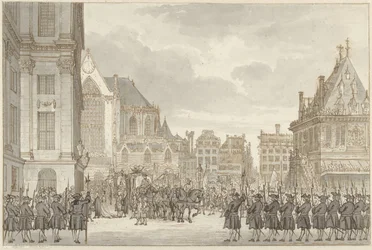 Příjezd prince Williama V. a Frederica Sophia Wilhelmina z Pruska na radnici na náměstí Dam v Amsterdamu, 30. května 1768