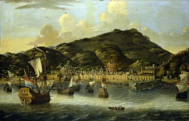 Nizozemské lodě u pobřeží Tripolisu (Libye) s opevněnými hradbami přístavu a města. Olejomalba od Reiniera Noomse (1623-1667).