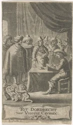 Obchodník u psacího stolu Titulní strana pro: J. van der Does e.a., Verscheyde voyagien, ofte reysen, 1652