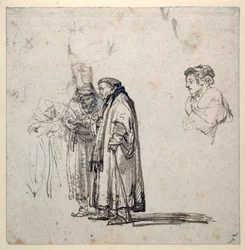 Skupina starších učenců a zvlášť profil mladšího muže (pero a inkoust na papíře) (recto of 2636120)