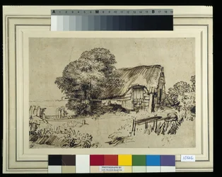Došková chata u velkého stromu, postava sedící venku, cca 1648-52 (pero a inkoust na papíře)