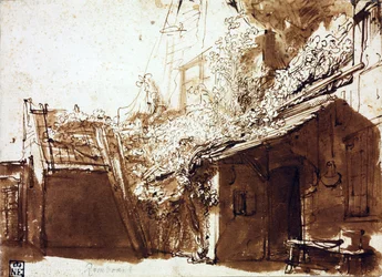 Usedlost ve světle a stínu - Rembrandt van Rhijn (1606-1669) - 1635-1636 - Pero, štětec, hnědá barva na papíře - 16,2x22,5 cm - Szépművészeti Múzeum, Budapešť