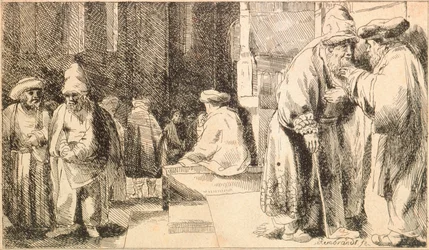 ""Juifs a la synagoga"" (Židé v synagoze) Rytina Rembrandta van Rhijna (1606-1669) - 1648 Rozměr 7,6 x 13 cm Židovské muzeum, New York