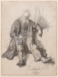 Sedící starý muž (The Drunken Lot?), cca 1630-33 (pero, křída a inkoust na papíře)