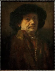 Rembrandt, autoportrét v kožichu se zlatým řetízkem a náušnicí (olej na dubovém dřevě)