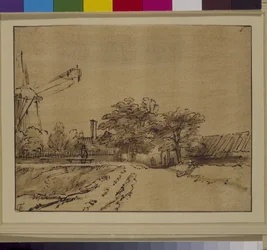 Větrný mlýn na valu Sint Anthonispoort, Amsterdam, asi 1650 (pero a tuš na papíře)