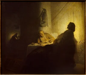 Emmaus Pelerins. Obraz Rembrandta Harmenszoon van Rijn dit Rembrandt (1606-1669) Ec. Dutý.
