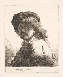 Rembrandt v čepici a šále: tmavá tvář: poprsí