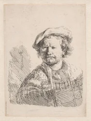 Rembrandt v ploché čepici s šátkem kolem ramen