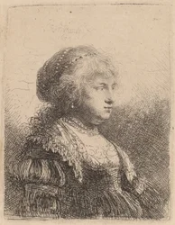 Saskia s perlami ve vlasech, 1634
