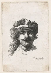 Autoportrét s měkkou čepicí: celý obličej, pouze hlava, c. 1635.