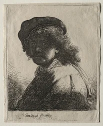 Autoportrét v čepici a šátku s temnou tváří: Busta, 1633.