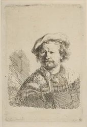 Autoportrét v ploché čepici a vyšívaných šatech, ca. 1642.
