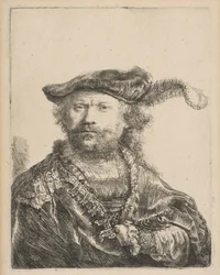 Autoportrét v sametové čepici s chocholem, 1638.