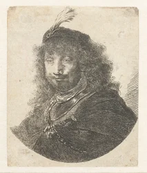 Autoportrét s opeřeným baretem, po roce 1634.