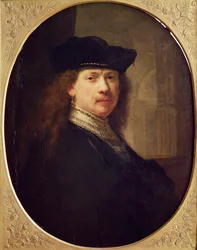 Autoportrét s kloboukem s architekturou v pozadí, 1637 (olej na dřevě)