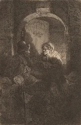 Žena u poklopu mluví s mužem a dětmi Školník, 1641.