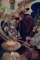 „Po dlouhém a pečlivém kurzu magických otázek“ z „Arabské noci“ (barevné lito)