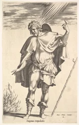 Empedokles, stojící vepředu s hlavou otočenou ve tříčtvrtinovém pohledu, řídí..., ca. 1545-63.