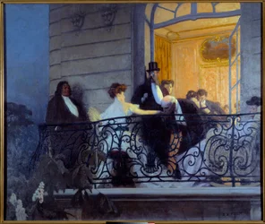 Belle Époque: „Balkon“. Společenský večer, muž rukou masturbuje hostitelku. 1900. V. 1,86 x 1,56 m. Caen, Musée des Beaux-Arts