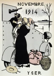 Listopad 1914: Yser, le départ des Troupes - v "" Kalendáři války ", kresba Herman-Paul, ed. 1916