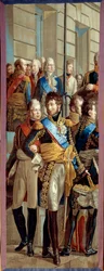 Rozhovor Napoleona I. a pruské královny Luisy v Tilsitu (Tilsitt), 6. 7. 1807 Tapiserie zhotovená dílnou Gobelínů podle detailu obrazu René Theodora Berthona (1776-1859) Sun. 3,28x1,28 m Malmaison musee du chateau
