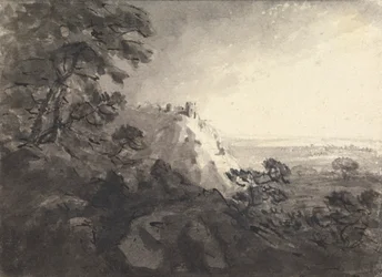 Krajina s hradem na kopci v centrální vzdálenosti