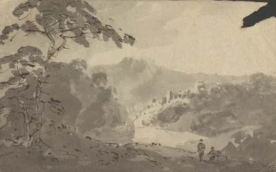 Dva muži při pohledu do krajiny s hradem, řekou a horskou scénou