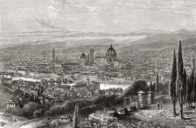Pohled na Florencii v Toskánsku (Itálie) z terasy kostela San Miniato na konci 19. století. Z knihy Italian Pictures by Rev. Samuel Manning, vydané kolem roku 1890.