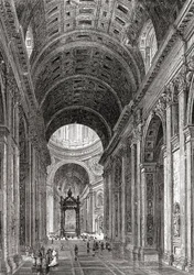 Interiér baziliky svatého Petra, Vatikán, Řím, Itálie, konec 19. století. Z knihy Italian Pictures by Rev. Samuel Manning, vydané kolem roku 1890.