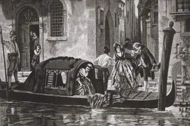 Cestující vystupující z gondoly na Velkém kanálu v italských Benátkách na konci 19. století. Z knihy Italian Pictures od Rev. Samuela Manninga, vydané kolem roku 1890.