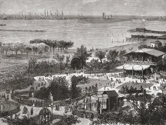 Veřejné zahrady a silnice v Livornu, známém také jako Leghorn, Toskánsko, Itálie na konci 19. století. Z knihy Italian Pictures by Rev. Samuel Manning, vydané kolem roku 1890.