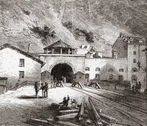 Železniční tunel Fréjus zvaný také tunel Mont Cenis, evropské Alpy, z italské strany na konci 19. století. Z knihy Italian Pictures od Rev. Samuela Manninga, vydané kolem roku 1890.