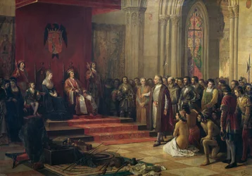 Kryštof Kolumbus přijat Katolickými králi v Barceloně po návratu ze své první cesty do Ameriky, obraz z roku 1874 od Ricarda Balacy (1844-1880)