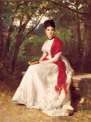 Portrét Teresy Vergara, manželky malíře, sedící v zahradě. Obraz od Ricarda Balaca y Orejas-canseco (1844-1880). 1875. Madrid. Nadace Lazara Galdiana.