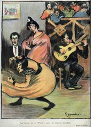 Tanec slepice ve španělském kabaretu - kresba R. Canals v Le Rire de 1898 -