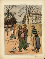 Ilustrace Ricardo Flores (1878-1918) v Le Rire, 6. 2. 9 - Kolektivismus - Sociální, Městská architektura, Strom, Budova, Kolektivismus - Dělník Dělník, Terrassiers