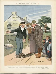 Ilustrace Ricarda Florese (1878-1918) v Le Rire, 20/07/12 - Levná malá díra - Venkov, Móda, Přímořské mořské pobřeží, Pánská móda, Turistika Turisté, Hotel