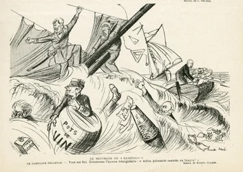 Ilustrace Ricarda Florese (1878-1918) v Le Rire, 25.05.12 - Ztroskotání radikální - Radikalismus, Námořní mořské pobřeží, Kouření, Jachting, Tabák - Combes Emile (1835-1921), Andre Louis (1838-1913 ), Pelletan Camille (1846-1915) - Grafická parod