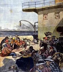 italská emigrace do Kanady; výlet na palubě jezera Megantic se uskutečnil za poměrně obtížných podmínek. Ill. od R. Pellegriniho. La Domenica del corriere. 02/06/1901.